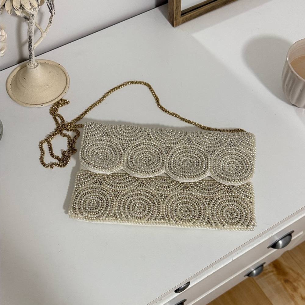 Lulu's Cream Beaded Clutch with Gold Chain